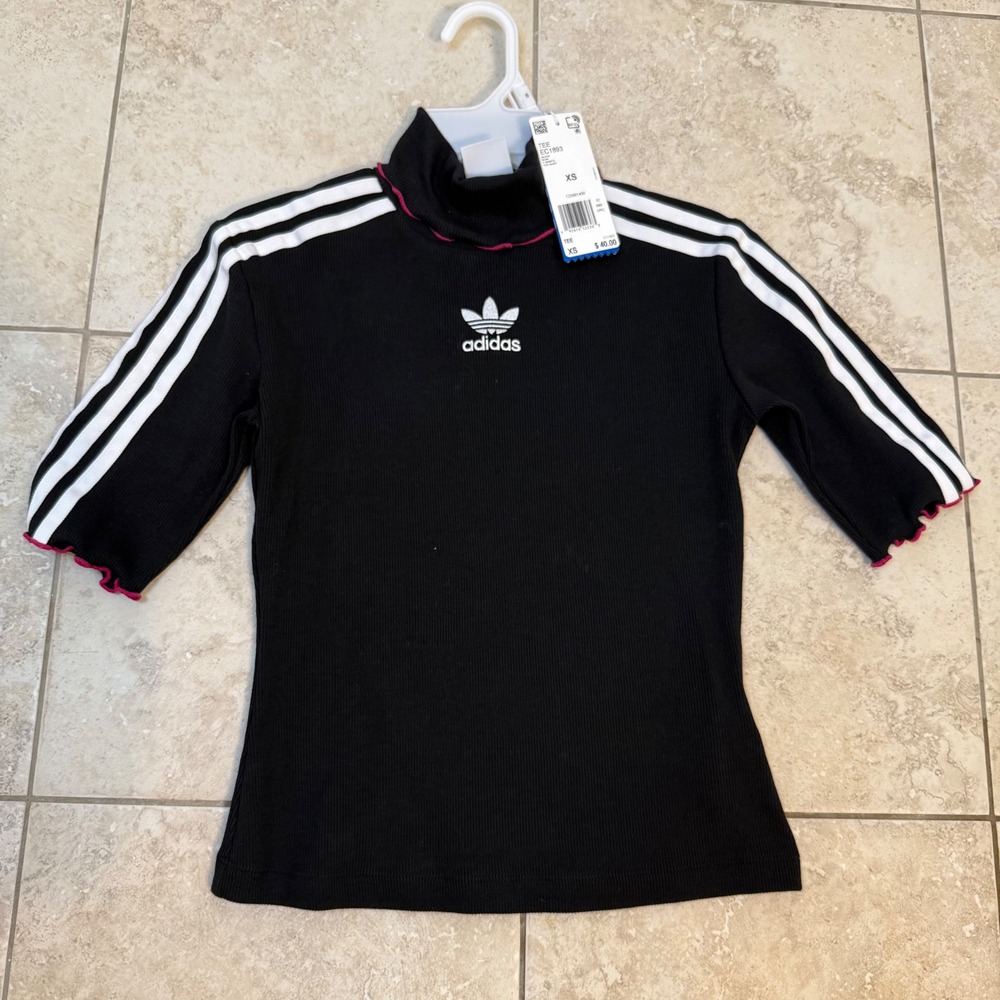 Adidas originals Mock Neck‎ Top Ribbed 3 Stripe Tee Shirt Ruffle Trim Black XS - Picture 11 of 12